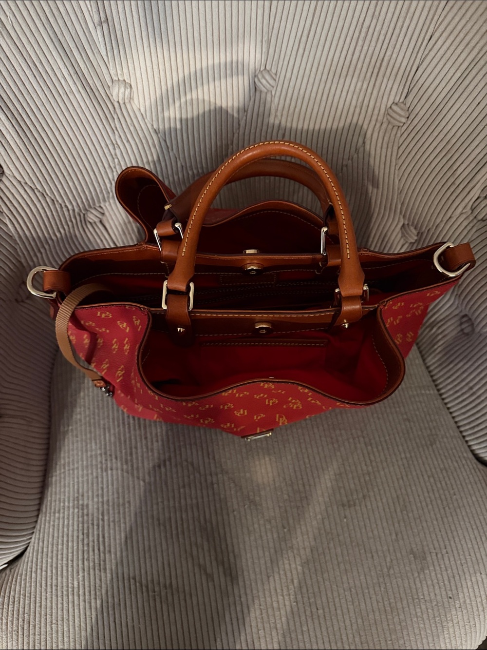 Dooney & Bourke Red Satchel with Tan Handles and Gold Plaque - Picture 3 of 5